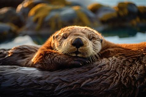 Premium Photo | A close up of a sea otter laying on a rock