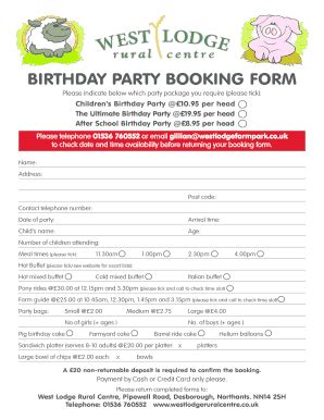 Fillable Online Westlodgeruralcentre Co BIRTHDAY PARTY BOOKING FORM