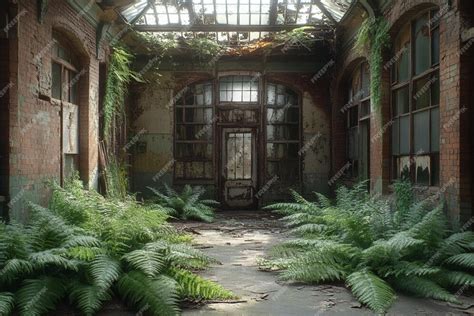 Sunlight abandoned atrium with ferns and broken roof | Premium AI ...