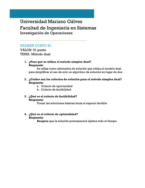 Examen Corto Universidad Mariano G Lvez Facultad De Ingenier A En