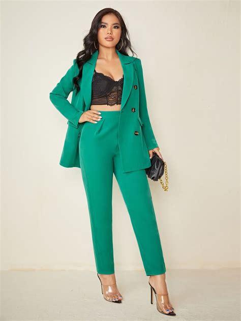 Shein Lapel Neck Double Breasted Blazer Pants Suit Suit For Prom