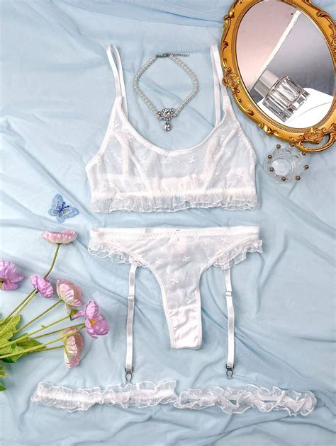 Sexy Lingerie White Mesh Semi Transparent Lace Lingerie With Garters