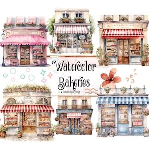 Watercolor Bakery Storefronts Clipart Cute Bakery Shop Etsy