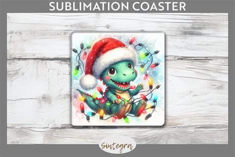 Christmas Dinosaur V7 Entangled In Lights Square Coaster PNG