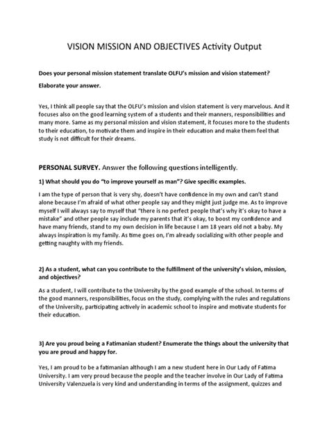 Vision Mission And Objectives Activity Output Personal Survey Answer