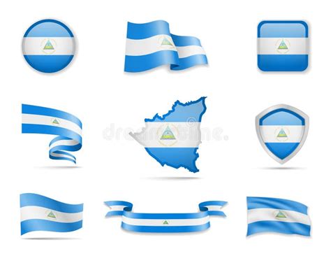 Nicaragua Flags Collection Vector Illustration Set Flags And Outline Of The Country Stock