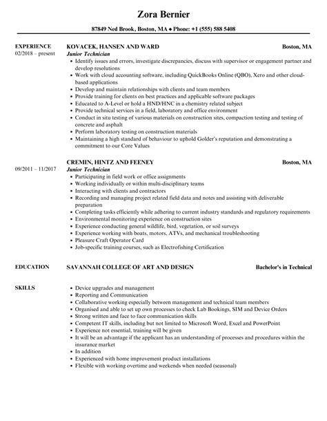 Junior Technician Resume Samples | Velvet Jobs