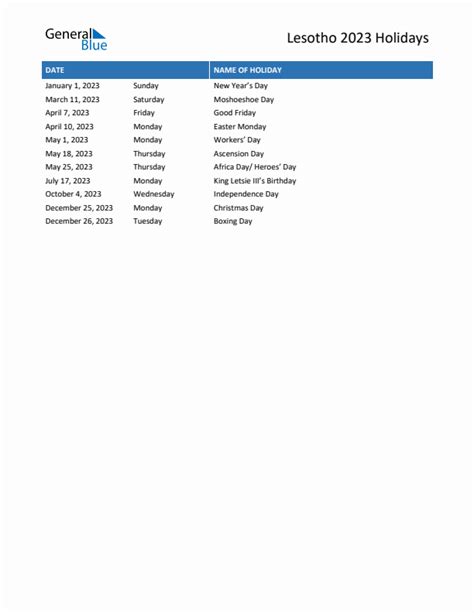 2023 Lesotho List Of Holidays In Pdf Word And Excel