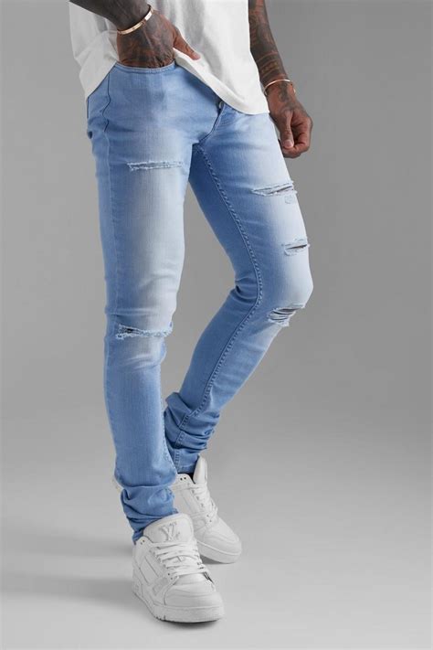 Mens Skinny Stretch Ripped Stacked Jeans Boohoo Uk