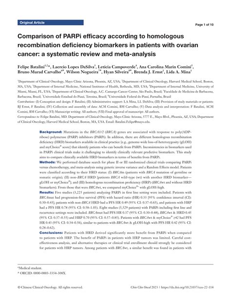 Pdf Comparison Of Parpi Efficacy According To Homologous Recombination Deficiency Biomarkers