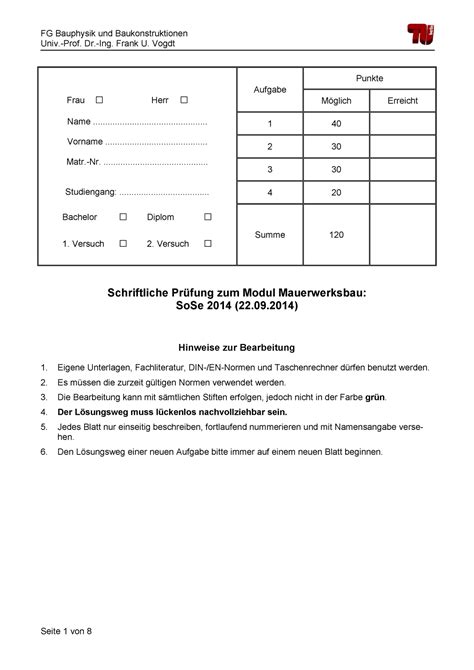 Klausur 22 September Sommersemester 2014 Fragen FG Bauphysik Und