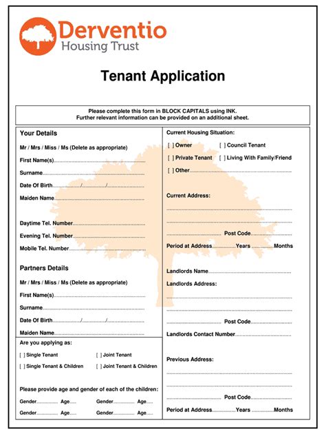 Fillable Online Tenant Application Form Derventio Housing Trust Fax