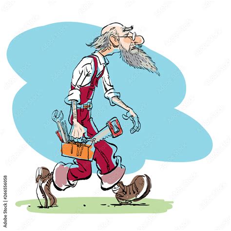 Funny illustration of old man cartoon character. Old master goes to ...