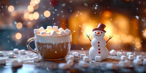 Warm Hot Chocolate With Marshmallows Alongside A Cute Snowman The Cozy Scene Captures The