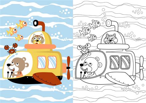 Funny bear with tiger in submarine undersea with marine animals, vector ...