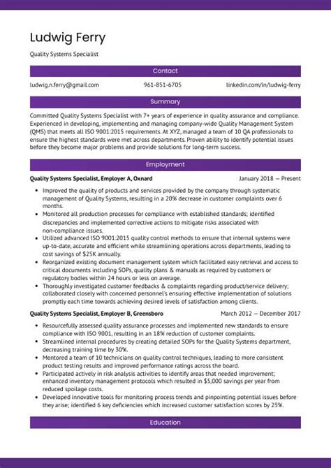 Quality Systems Specialist Resume CV Example And Writing Guide