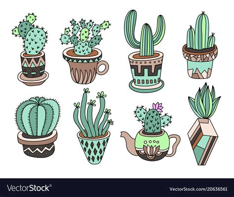 Doodle Cacti Collection Hand Drawing Set Of Vector Image