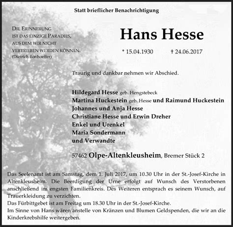 Traueranzeigen Von Hans Hesse Trauer In NRW De