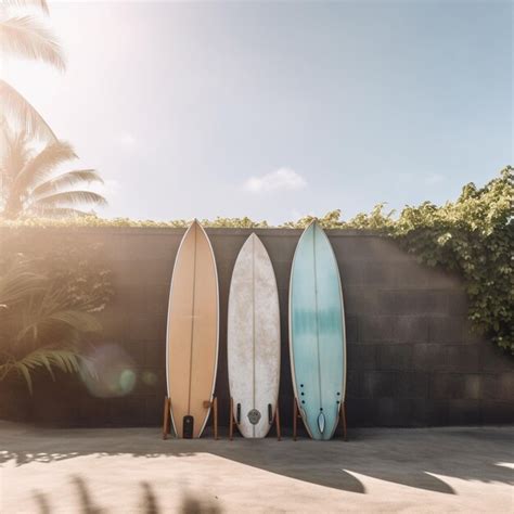 Premium Ai Image Three Surfboards Are Lined Up Against A Wall In A