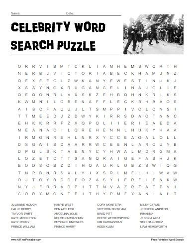 Celebrity Word Search Puzzle – Free Printable