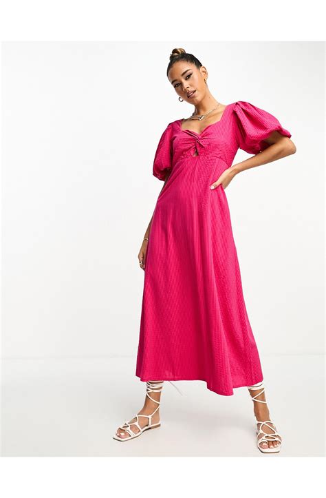 Mango Puff Sleeve Twist Front Midi Dress In Pink Lyst Uk