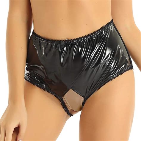 Freebily Women S Metallic Wet Look Leather High Waist Crotchless Booty