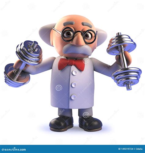 Crazy Mad Scientist Cartoon Character in 3d Exercising with Dumbells ...