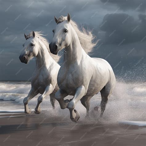 White Horses Running On The Beach