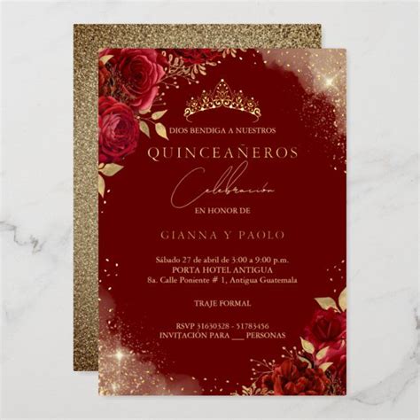 Invitaci N Con Relieve Metalizado Rosa Roja De Oro Espumoso Tiara