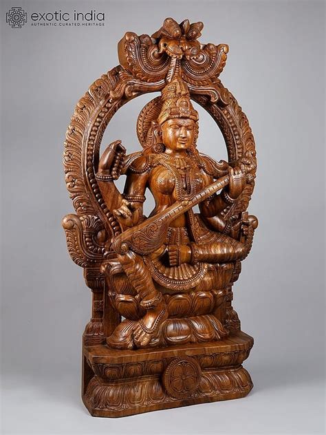 Large Four Armed Goddess Saraswati Seated On Kirtimukha Throne