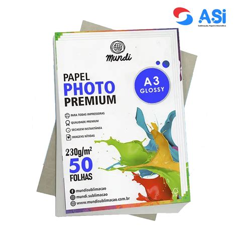 Papel A3 230G Fotográfico Glossy MUNDI 50 Folhas ASI Suprimentos de