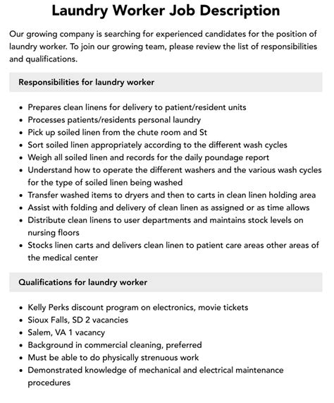 Laundry Worker Job Description Velvet Jobs