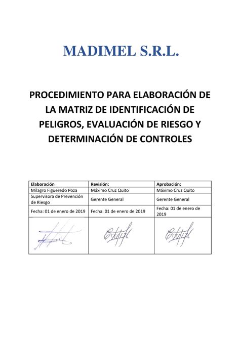 Sgsst PT 01 Procedimiento PARA Elaboración DE LA Matriz IPER MADIMEL