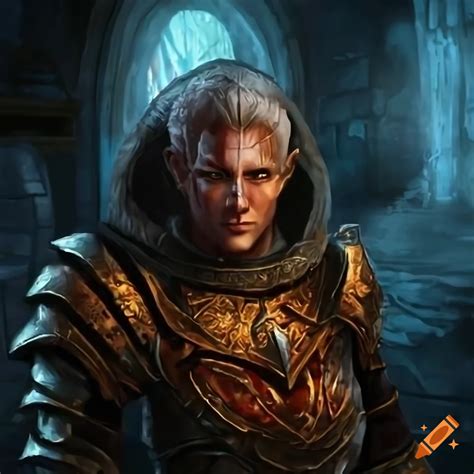 Detailed Portrait Of A Male Aasimar In Heavy Armor In A Dimly Lit