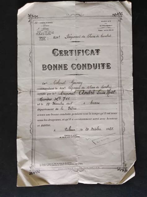 ANCIEN CERTIFICAT DE bonne conduite 504 Régiment chars de combats