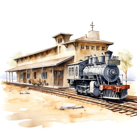 Watercolor Western train station western wild west cowboy desert ...