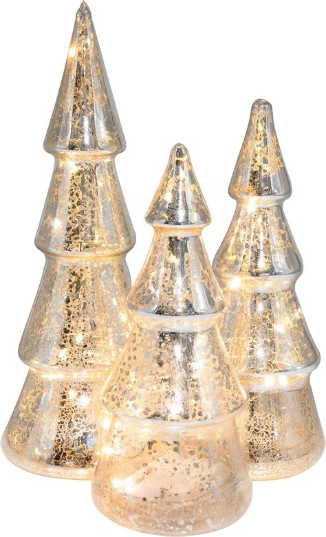 Lumabase Battery Operated Silver Mercury Glass Trees Set