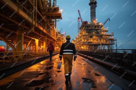 Premium Ai Image An Offshore Oil Rig Worker Walks To An Oil And Gas