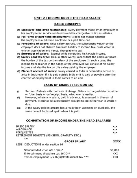 Salary Part Allowances Unit Income Under The Head Salary Basic