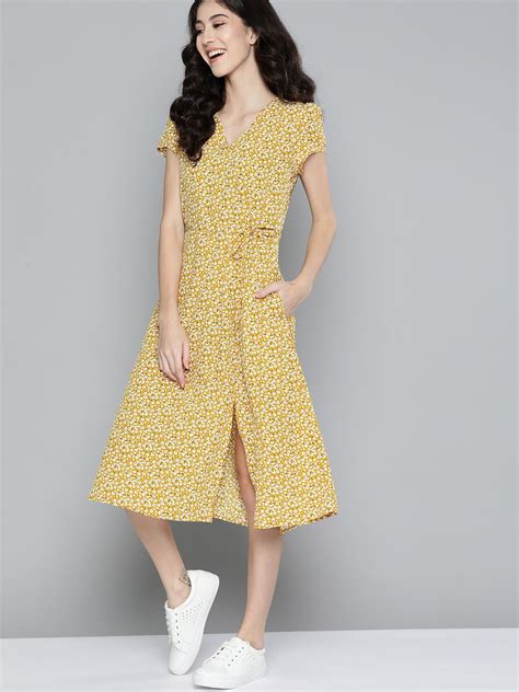 Buy Mast And Harbour Mustard Yellow And White Floral Print Wrap Dress