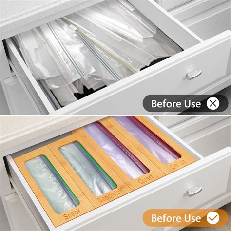 Bamboo Plastic Bag Organizer Boxes For Kitchen Drawers 4 Pcs Set Ziploc Organizer Gallon Quart