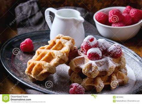 Belgian Waffles With Raspberries Stock Photo Image Of Dark Homemade