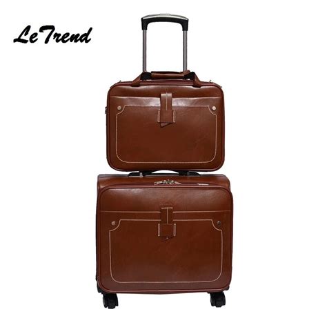 Letrend Men Business Pu Leather Rolling Luggage Set Spinner Retro