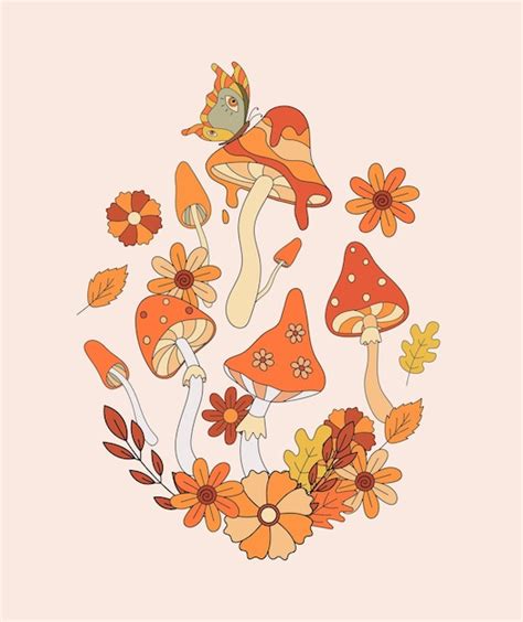 Premium Vector Retro 70s Hippie Mushrooms Leaves And Butterfly Flat Vector Illustration