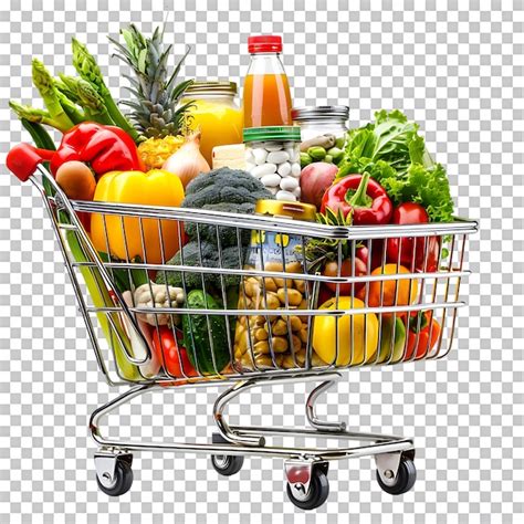 Коляска для покупок, заполненная продуктовыми продуктами и овощами ...
