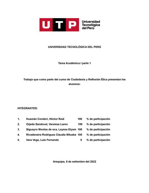 Ta Ciudadan A Y Tica Universidad Tecnol Gica Del Per Tarea