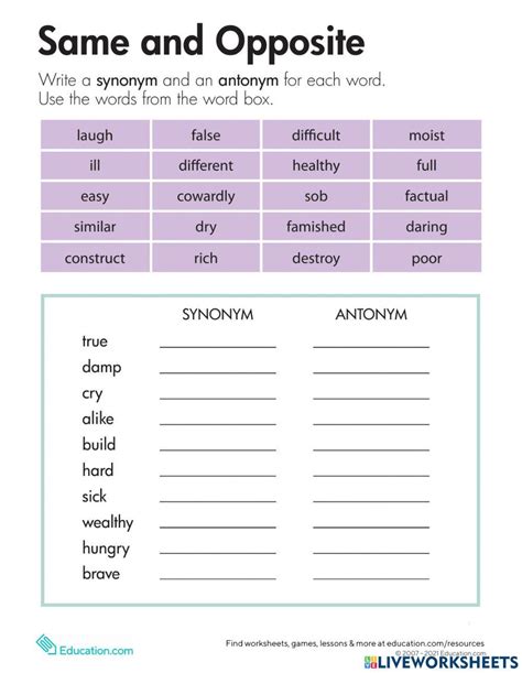 Synonym Antonym Worksheet Online Exercise For Live Worksheets Worksheets Library