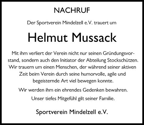 Traueranzeigen Von Helmut Mussack Augsburger Allgemeine Zeitung