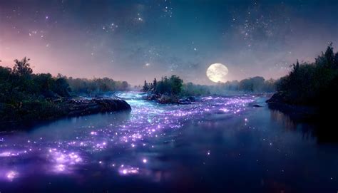 Premium Photo Magical Night River Landscape With Bioluminescent Blue