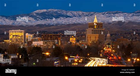 Idaho Boise Downtown skyline and the Boise Foothills with snow at ...